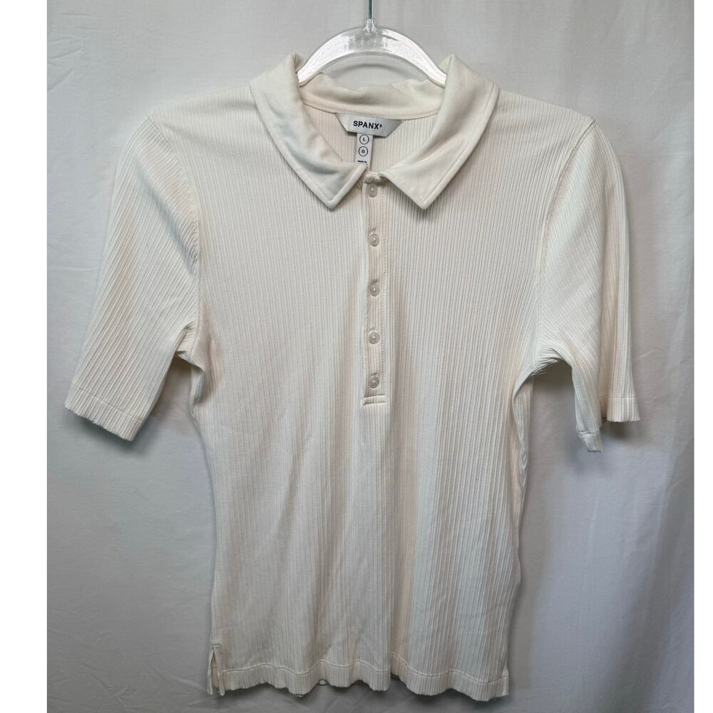Spanx Powder Rib Short Sleeve Polo Shirt, White/Off White, Size Large